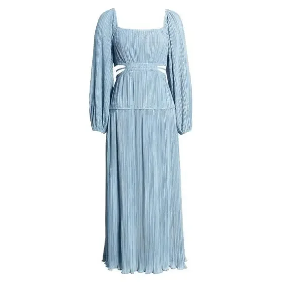 MOON RIVER Women's Light Blue Long Sleeve Pleated Cutout Midi Dress Size Large - Picture 2 of 14